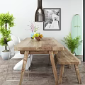 Rustic Wooden Dining Table Set With White Chairs Bench Hanging Lamp And Potted Plants