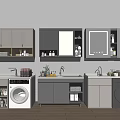 Modern Washbasin Area With Storage Cabinets Washing Machine And Mirror