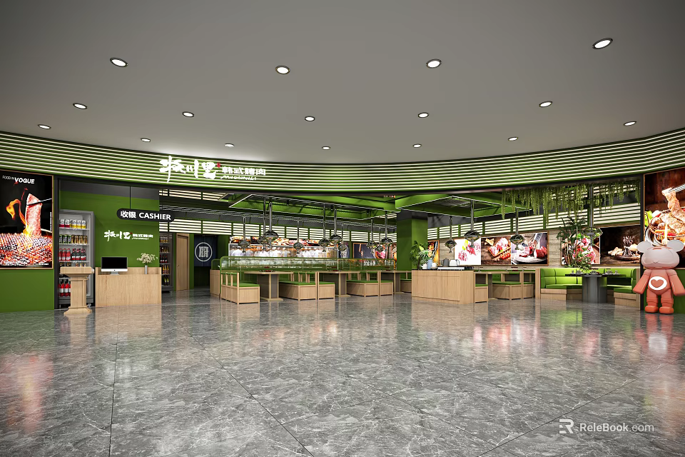 Modern Food Service Kitchen with Green Accents Multiple Counters and Food Display Areas 3d model 