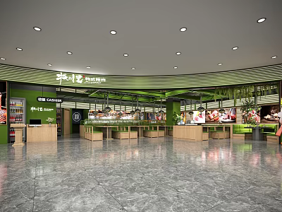 Modern Food Service Kitchen with Green Accents Multiple Counters and Food Display Areas 3d model