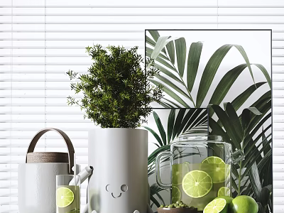 Decorative Ornament Set With Green Plants White Vase Glass Pitcher Palm Leaf Print And Limes 3d model