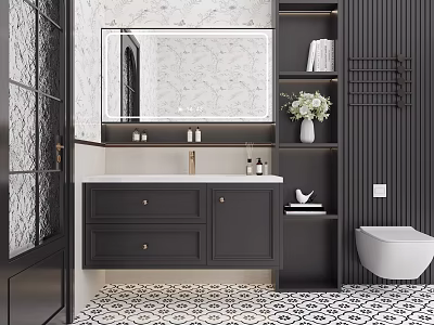 Modern Bathroom Interior With Marble Backsplash Black Vanity Open Shelves And Geometric Tile Floor 3d model