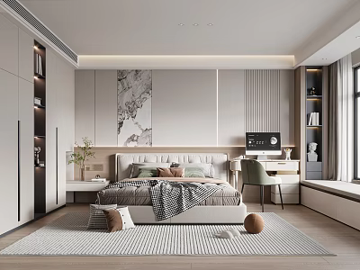 Modern Bedroom Interior With Comfortable Bed Wall Painting Desk Chair And Area Rug 3d model