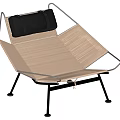 Modern Minimalist Leisure Chair With Black Metal Frame Beige Woven Seat And Black Cushion