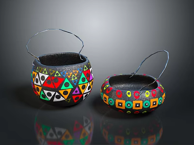 Handwoven Decorative Household Baskets With Colorful Geometric Patterns And Handles 3d model