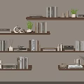 Modern Wooden Wall Shelves with Books Decorative Plants and Small Ornaments in Minimalist Room Interior