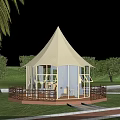 Birds Eye View Planning of Tented Structure With Green Lawn Palm Trees and Water Area