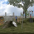 Kindergarten Outdoor Playground With Climbing Frame Slide Grass Lawn And Trees