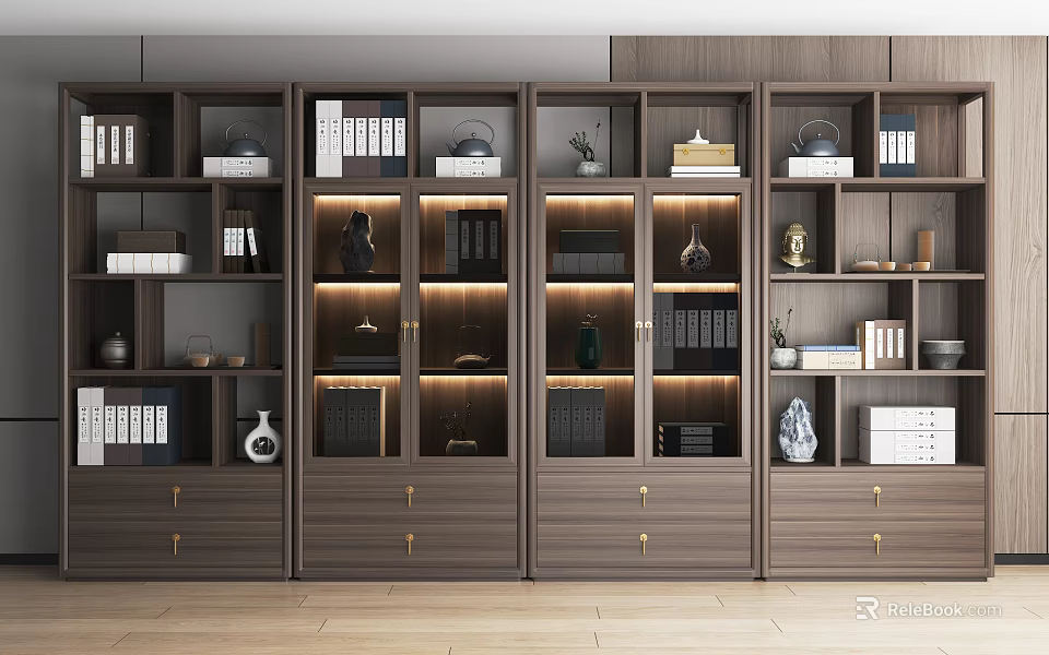 Modern Wooden Bookcase Interior With Glass Doors Books And Decorations 3d model 