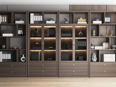 Modern Wooden Bookcase Interior With Glass Doors Books And Decorations 3d model