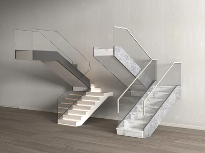 Modern Staircase Interior Design With Glass Railings Marble Treads And Wood Flooring 3d model
