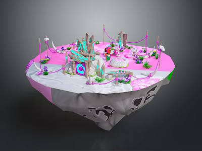 Cartoon Floating Island Scene With Pink White Surface And Decorative Plants Arches 3d model