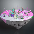 Cartoon Floating Island Scene With Pink White Surface And Decorative Plants Arches