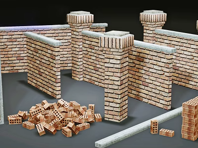 Brick Building Exterior Structure With Pillars Walls And Scattered Bricks 3d model