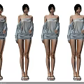 Women In Light Blue Off Shoulder Dresses With Black And White Sandals In Various Poses