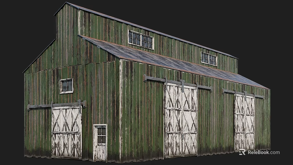 Weathered Green Barn Featuring Wooden Plank Walls Metal Roof Double Doors And Windows 3d model 