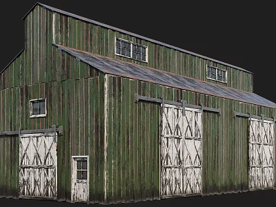 Weathered Green Barn Featuring Wooden Plank Walls Metal Roof Double Doors And Windows 3d model