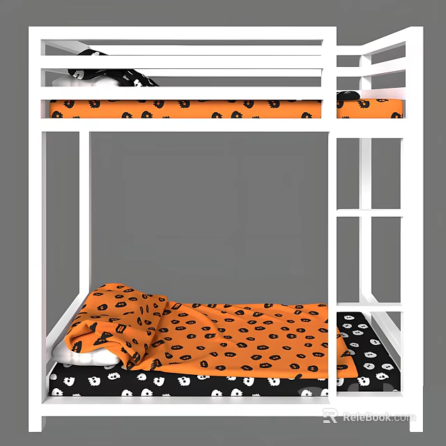White Frame Bunk Bed With Orange Mattress And Black Patterns White Pillows 3d model 