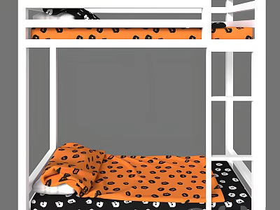 White Frame Bunk Bed With Orange Mattress And Black Patterns White Pillows 3d model