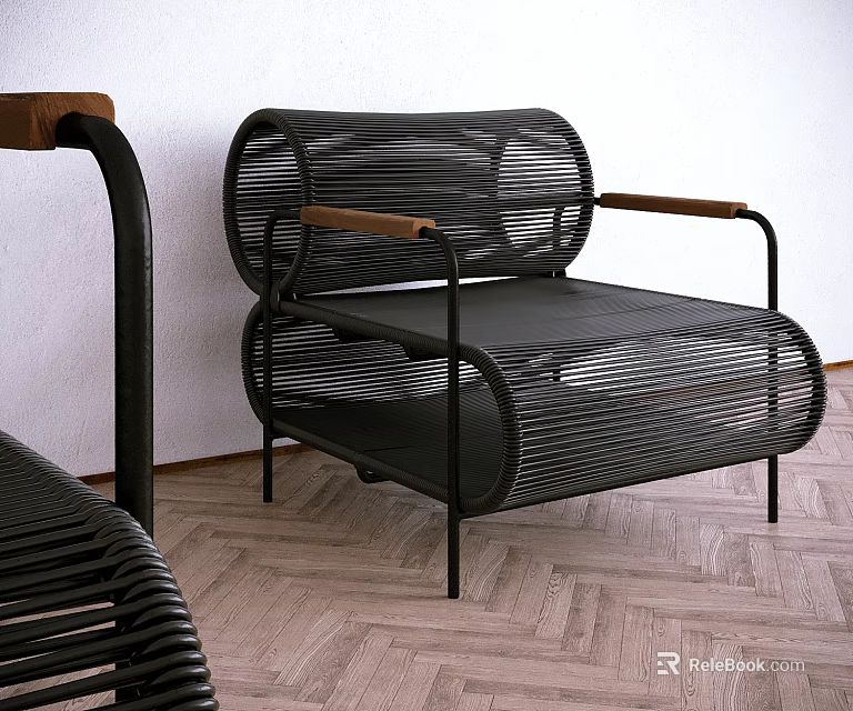 Leisure Chair Black Metal Frame Wooden Armrests Woven Design On Herringbone Floor White Wall 3d model 