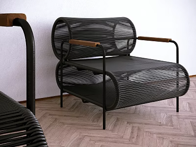 Leisure Chair Black Metal Frame Wooden Armrests Woven Design On Herringbone Floor White Wall 3d model