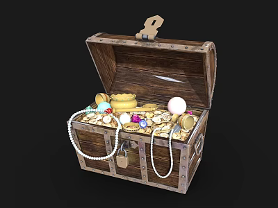 Vintage Jewelry Collection In Open Wooden Chest With Crown Pearl Necklace And Colored Gemstones 3d model