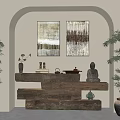 Zen Style Study Room With Wooden Furniture Buddha Statue And Decorative Paintings