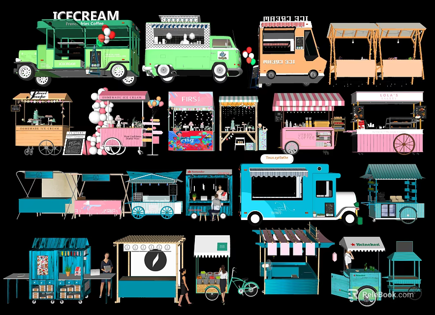 Colorful Mobile Food Trucks And Carts For Ice Cream Coffee Snack Vending 3d model 
