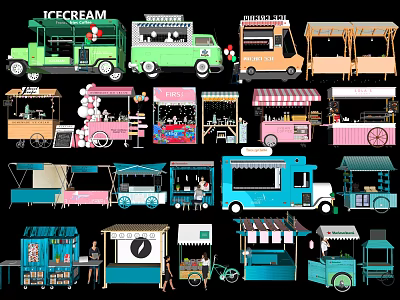 Colorful Mobile Food Trucks And Carts For Ice Cream Coffee Snack Vending 3d model