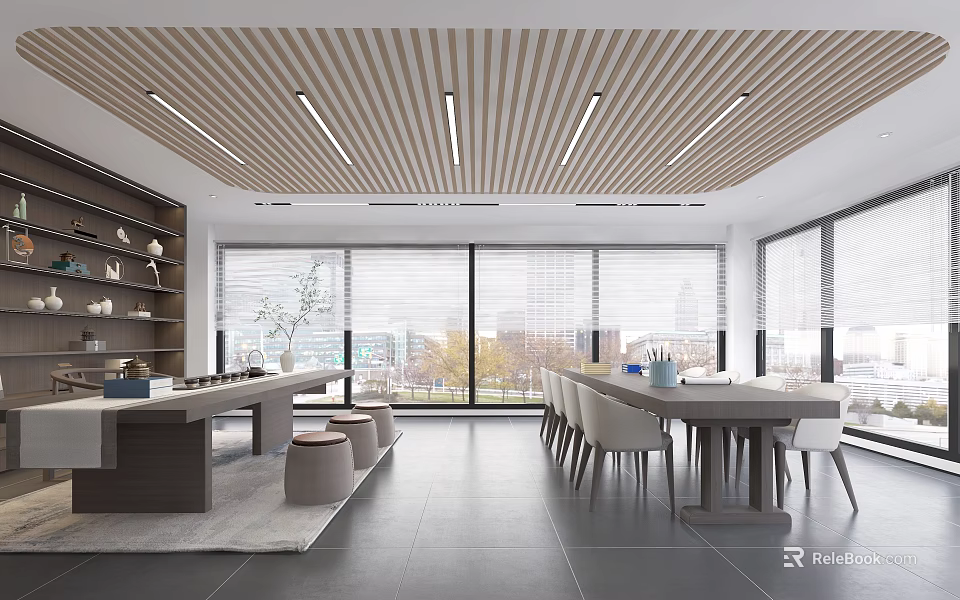 Modern Library Art Interior Design With Tables Chairs And Large Windows 3d model