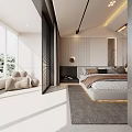 Modern Bedroom Interior Design With Stylish Headboard Warm Lighting Soft Rug And Striped Wall Decor