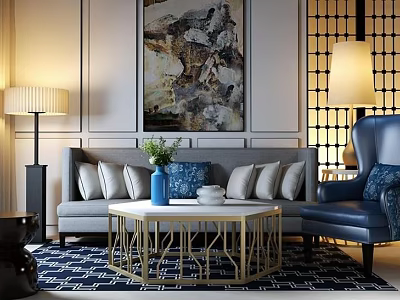 Modern Gray Sofa And Coffee Table Set With Golden Geometric Frame And Navy Rug 3d model