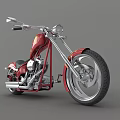 Red Cruiser Motorcycle With Gold Patterns Large Rear Tire Chrome Exhaust And Black Seat