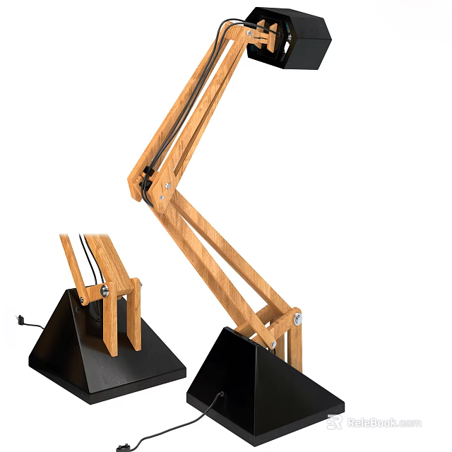 Adjustable Wooden Table Lamp With Black Base And Foldable Arm Structure 3d model 