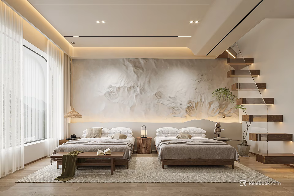 Modern Bedroom Interior With Two Double Beds Mural Wall Art Wooden Flooring And Staircase 3d model 