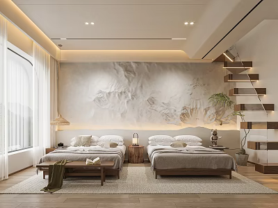 Modern Bedroom Interior With Two Double Beds Mural Wall Art Wooden Flooring And Staircase 3d model