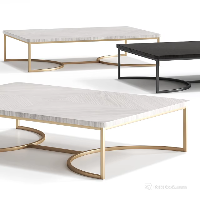 Modern Sleek Coffee Tables Featuring White Black Marble Top And Gold Black Metal Ring Legs 3d model 