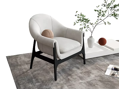 Light Colored Modern Leisure Chair With Black Wooden Legs Green Plant And Gray Rug 3d model