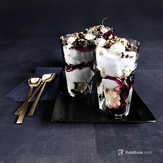 Layered Creamy Dessert with Berry Sauce Chopped Nuts Topped with Crunchy Bits in Glass Cups 3d model 