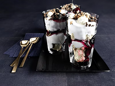 Layered Creamy Dessert with Berry Sauce Chopped Nuts Topped with Crunchy Bits in Glass Cups 3d model
