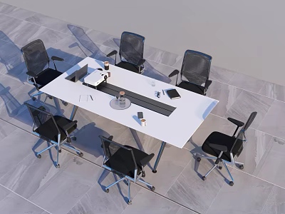 White Conference Table With Black Office Chairs Laptop Documents And Mug In Modern Office Workspace 3d model