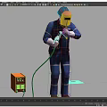 Man Wearing Blue Work Uniform Welding With Red Safety Helmet And Orange Machine