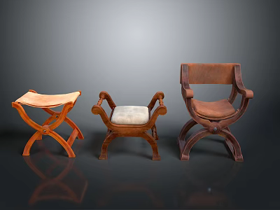 Three Variously Designed Wooden Stools With Leather And Fabric Seats And Carved Legs 3d model