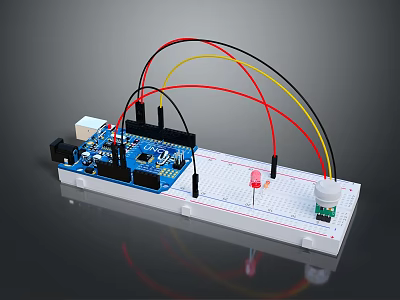 Blue Arduino Development Board With Breadboard LED Sensor And Colored Wires 3d model