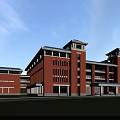 Modern Red Brick School Building With Towers Large Windows And Green Lawn
