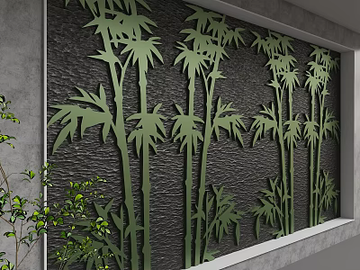 Green Bamboo Textured Background Wall With Decorative Design And Indoor Plants 3d model