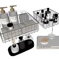 Stylish Bathroom Accessories With Wire Baskets Liquid Soap Bottles Aromatherapy Items And Decorative Tray