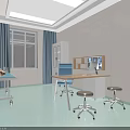 Medical Examination Room Interior With Blue Curtains Window Desk Blue Chair And Medical Cart