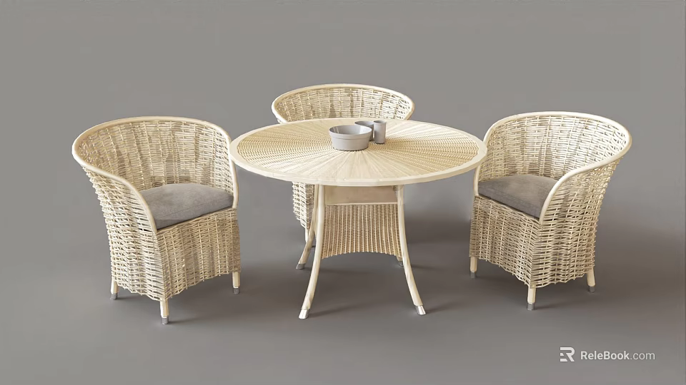 Modern Wicker Leisure Chairs With Comfortable Gray Cushions And Round Table 3d model