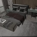 Modern Double Bed Bedroom With Upholstered Headboard Gray Bedding Nightstand Lamp Desk And Rug